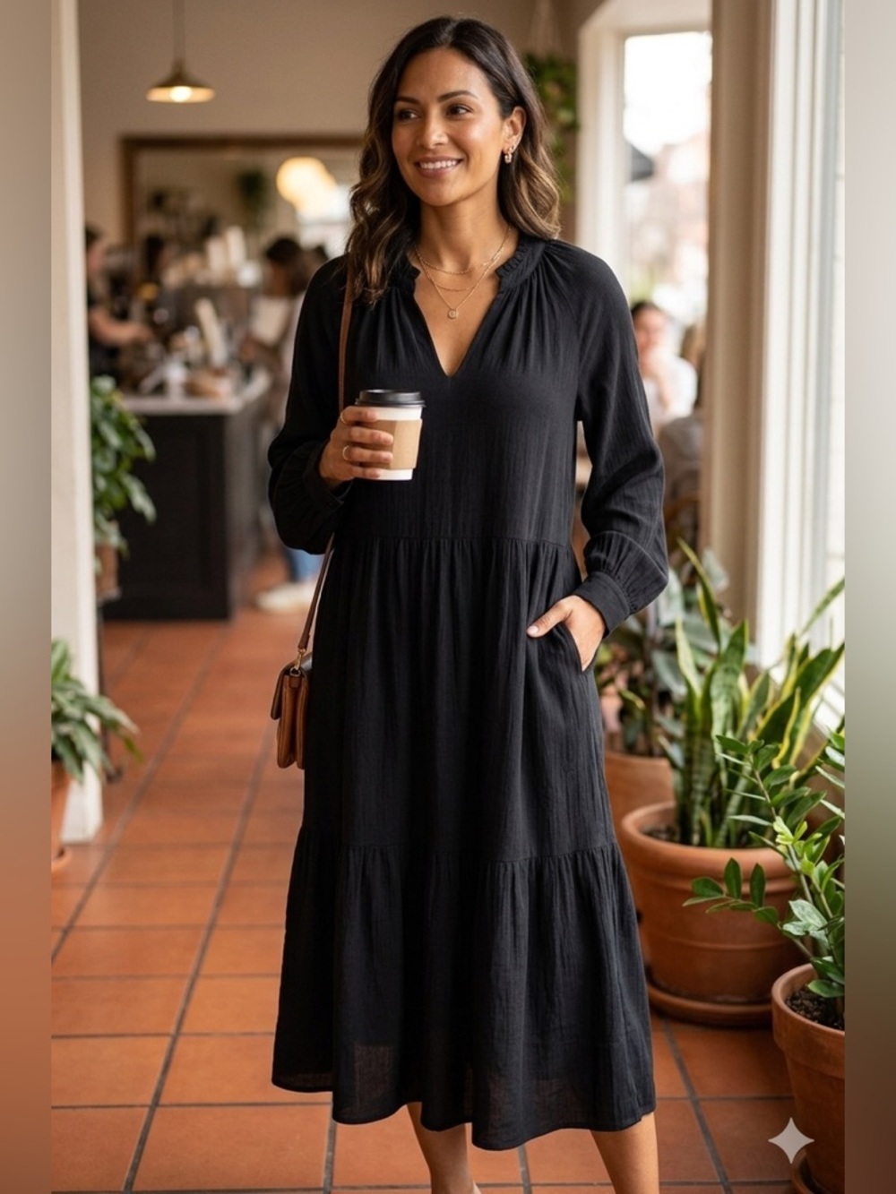 Gibson Latimer | Black Midi Tier Balloon Sleeve Dress | NWT | Sz M
